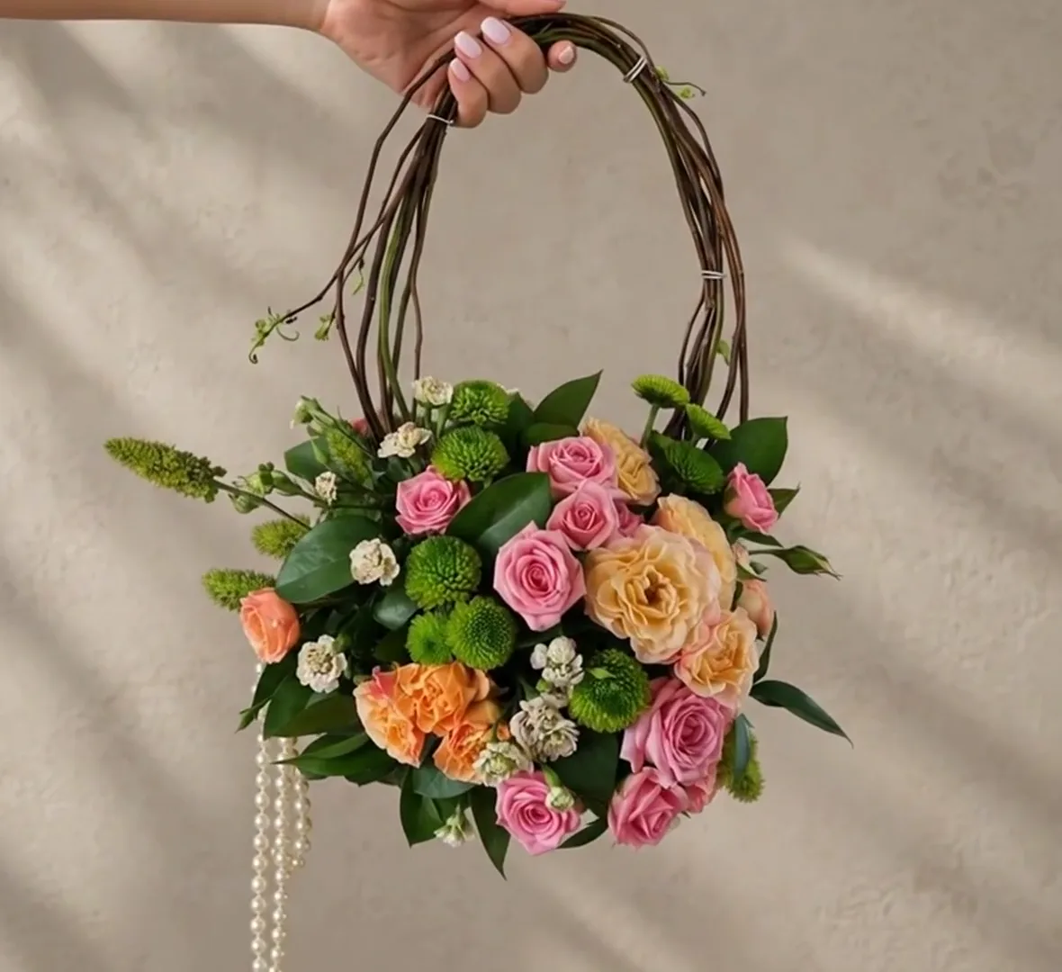 Bolsa floral de Roses for Rosie con rosas de temporada y detalles de perlas