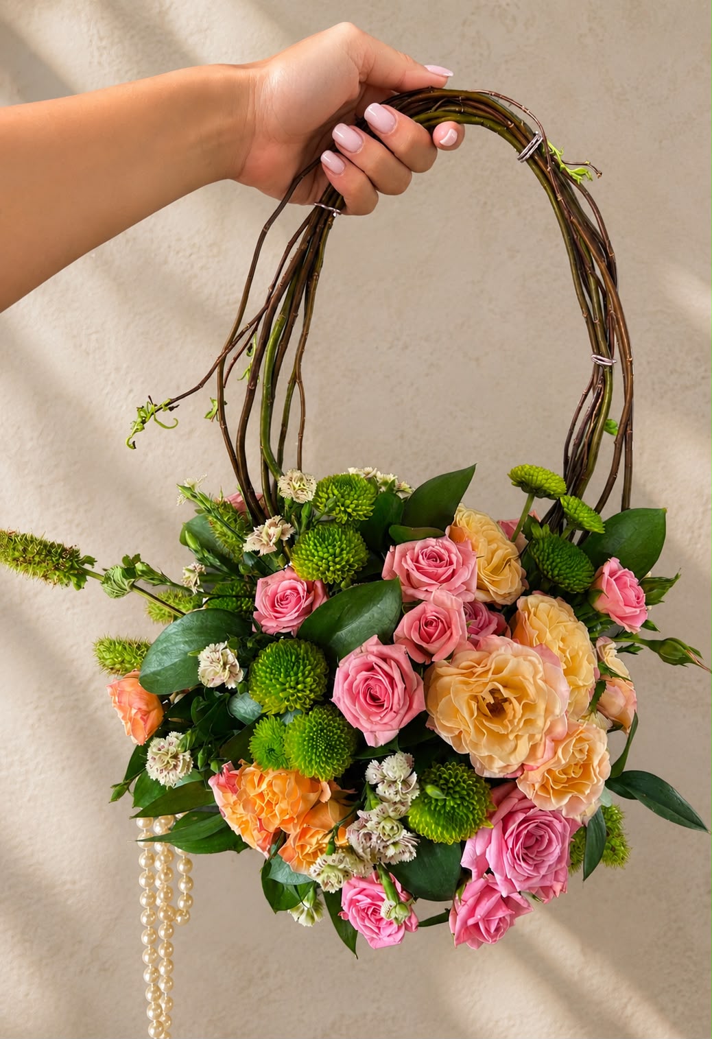 Ramo de rosas rosadas y durazno con detalle de perlas, flores a domicilio en Metepec, Roses for Rosie