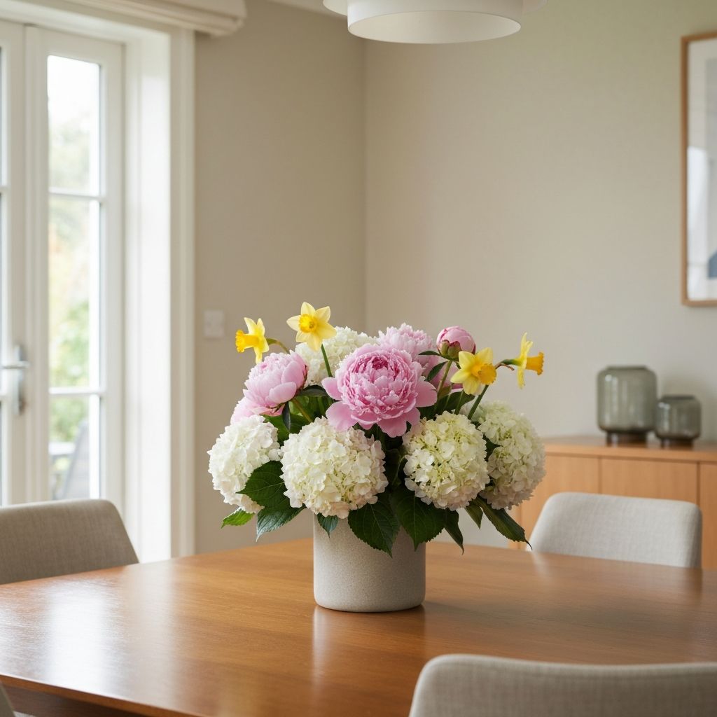 Ramo de flores frescas sobre mesa de comedor en Metepec